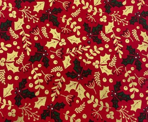 Tela algodó navideña hojas  doradas y flores de muérdago con fondo rojo — imagen 1