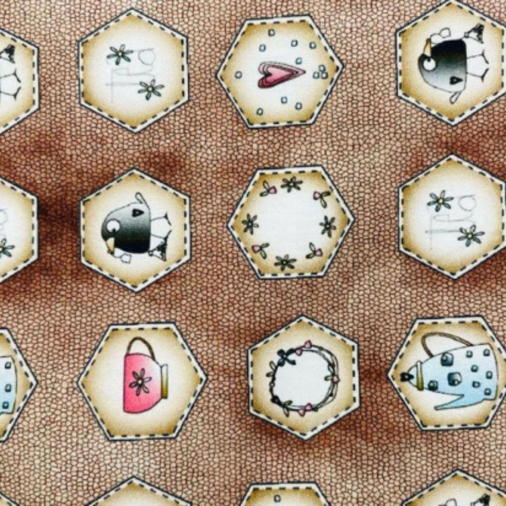 Tela algodón  Whimsy  hexagonos , pajaritos, teteras — imagen 1