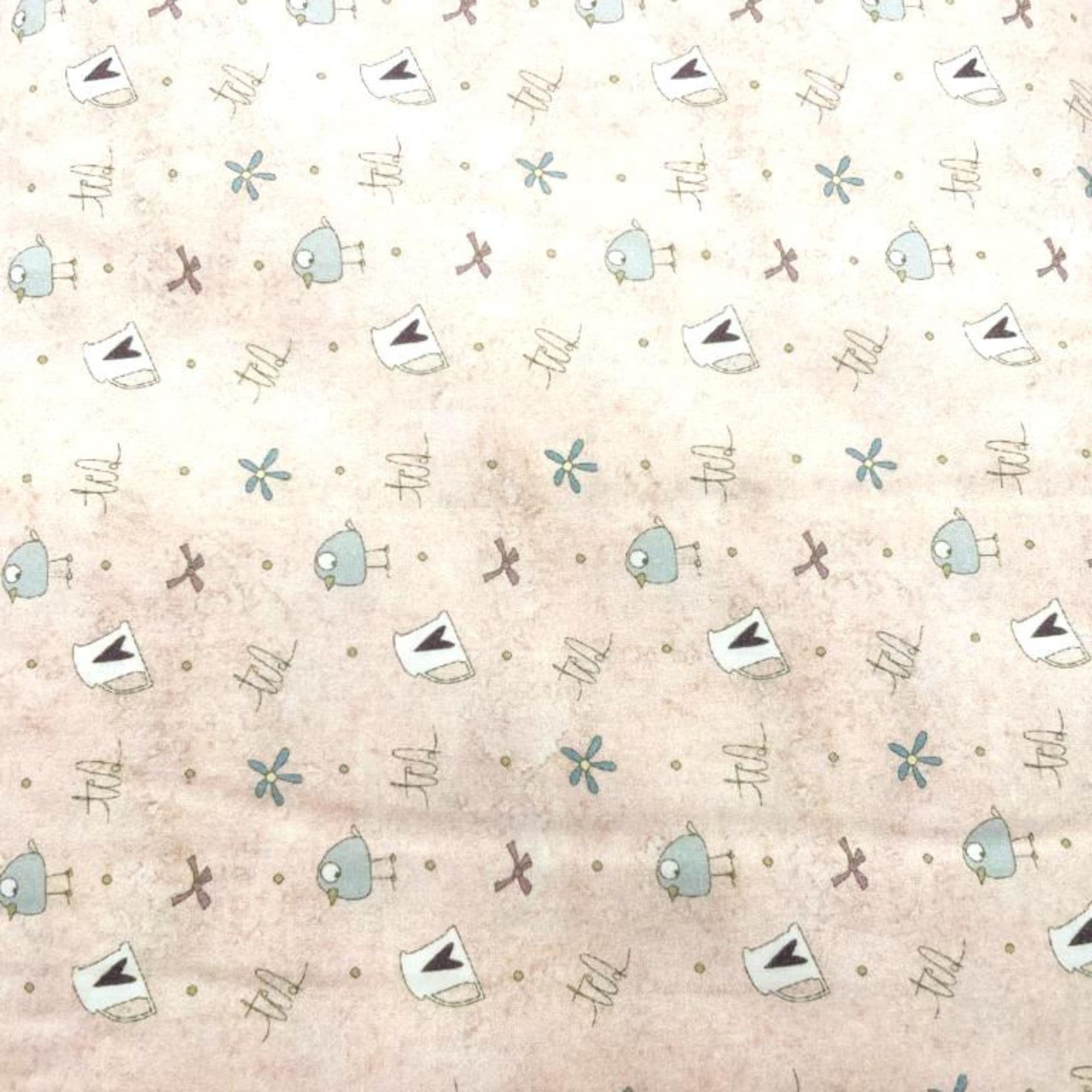 Tela algodón Whimsy fondo rosa motivos de teteras, y pajaritos — imagen 1