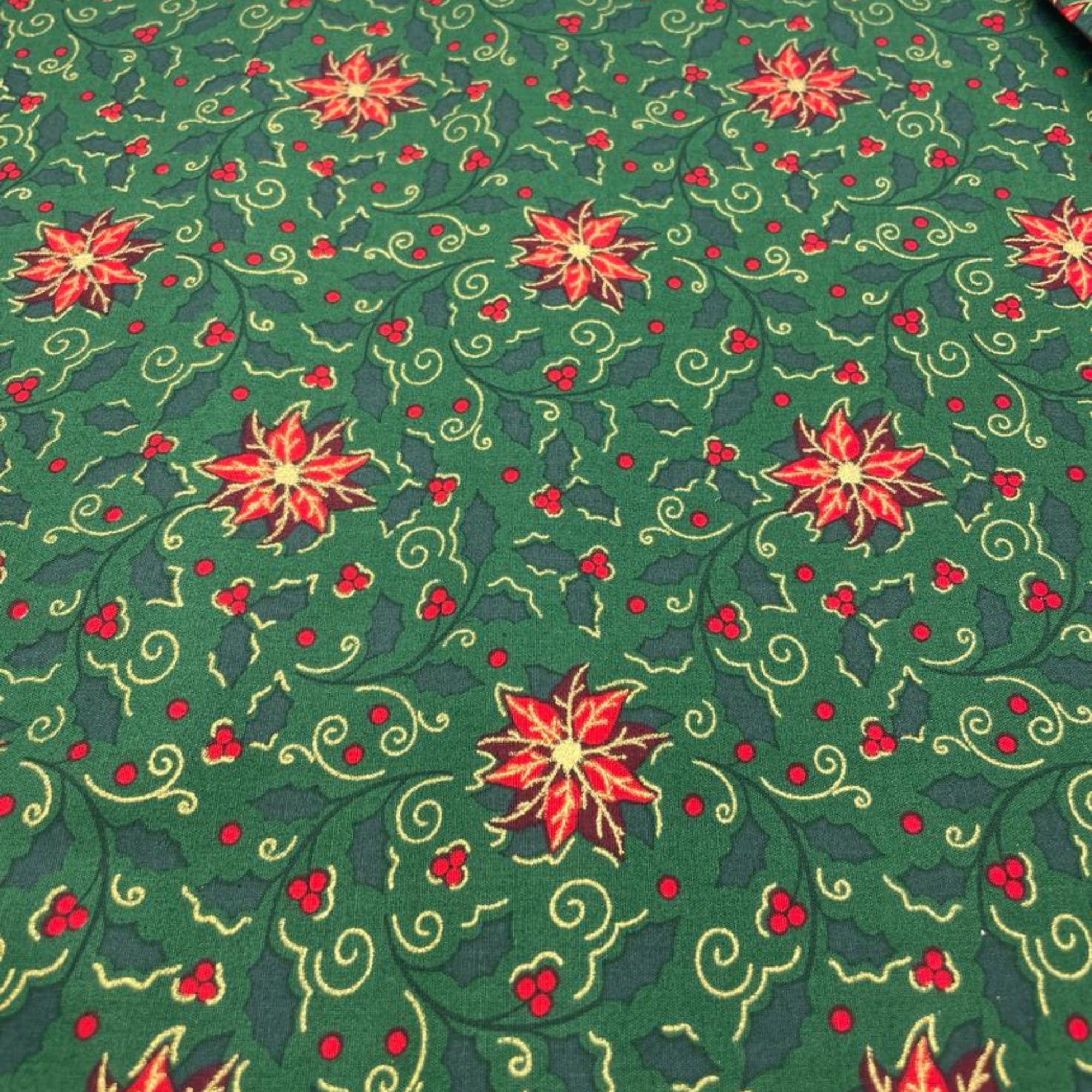 Tela algodón 100%   hojas de muérdago  fondo fondo verde — imagen 1