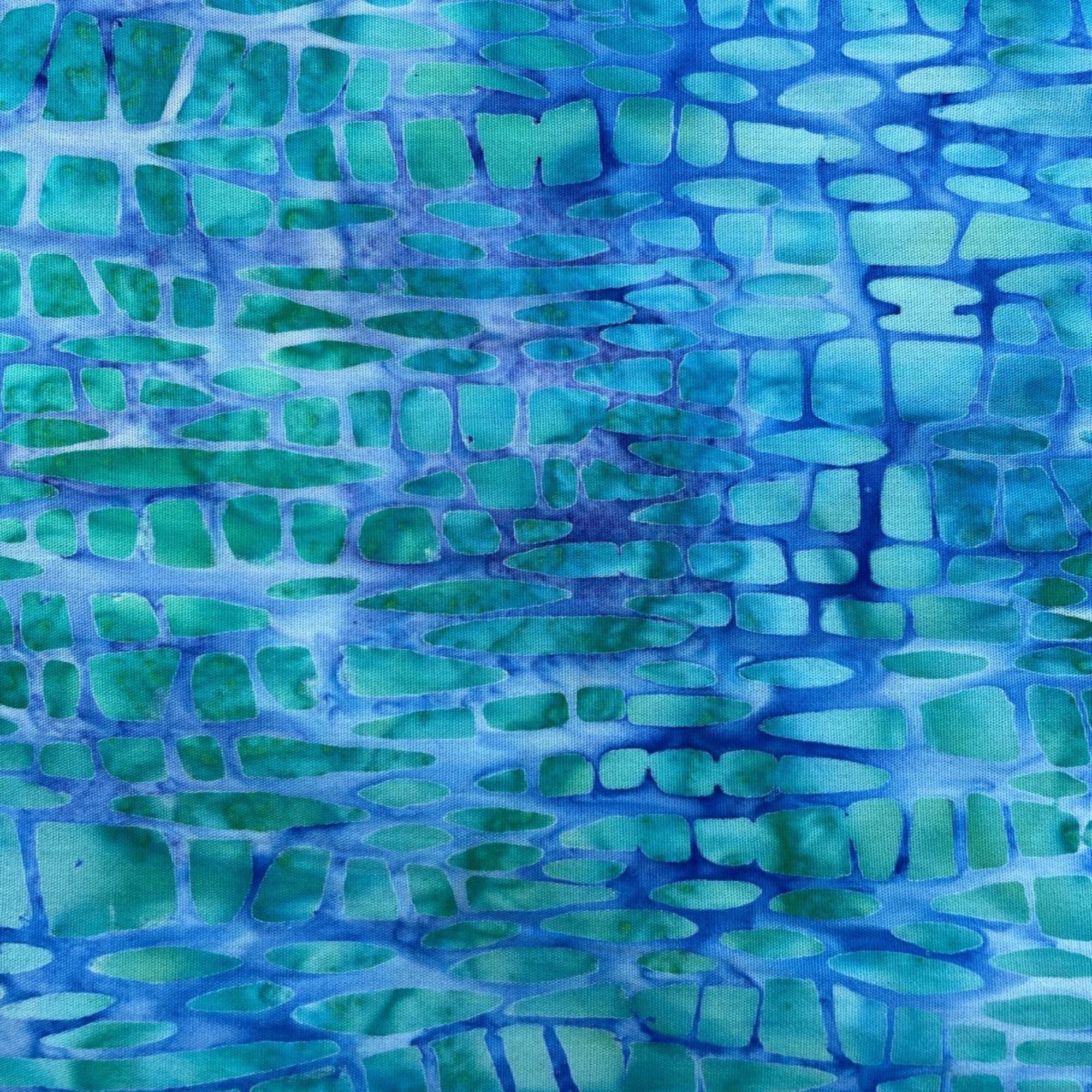 Tela batik algodón 100% formas geométricas fondo azul y verde agua — imagen 1