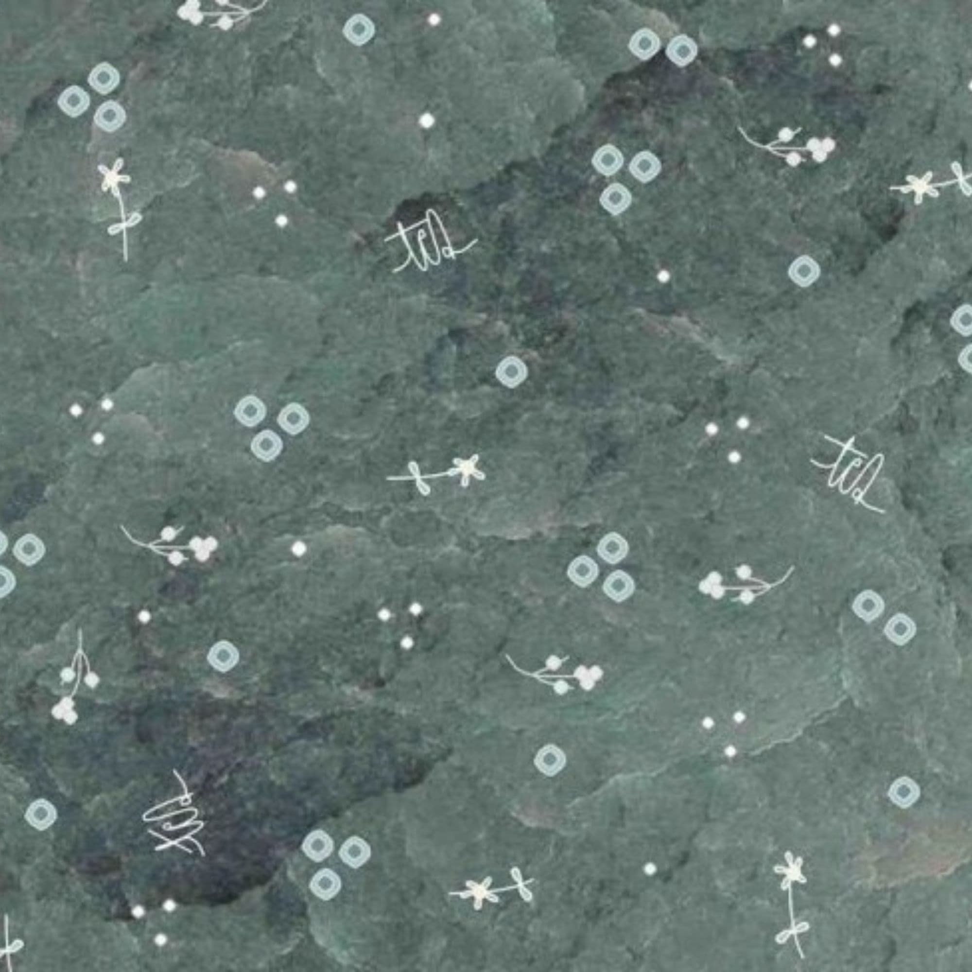 Tela algodón estampada Whimsy con fondo verde y detalles blanco — imagen 1